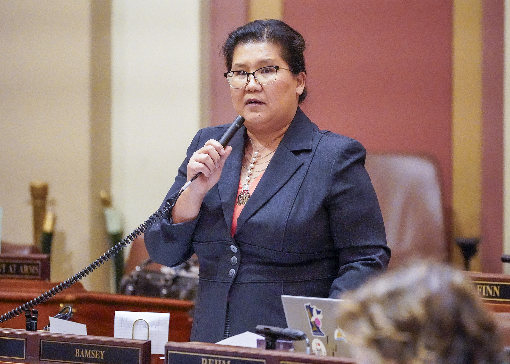Rep. Kaohly Vang Her describes HF601 on the House Floor Monday. The bill she sponsors would require a person who owns, possesses, or controls a firearm to report its loss or theft to law enforcement within 48 hours of learning about the loss or theft. (Photo by Andrew VonBank)